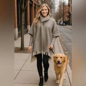 100% Lana Fringe boho chic poncho‎ Aztec oversized shawl cozy winter one size